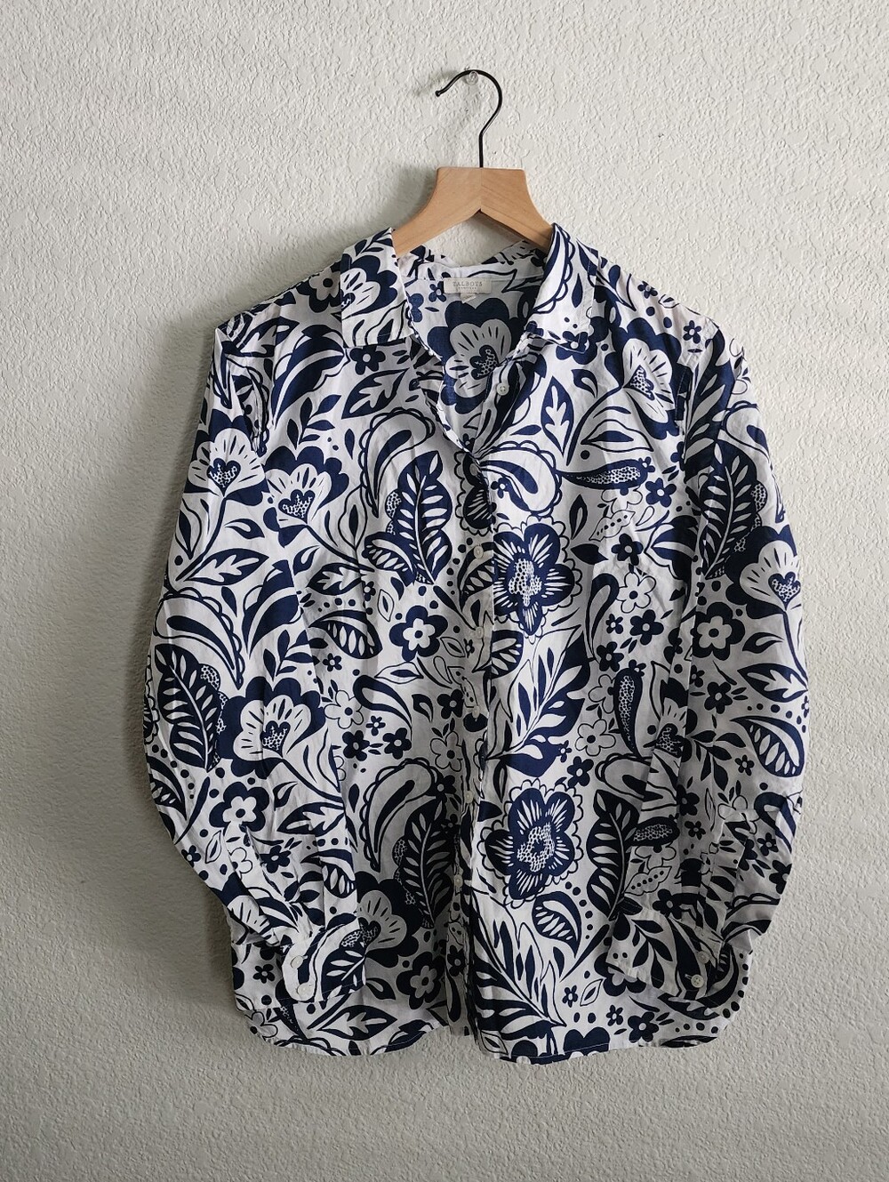 Talbots LP Button Front Navy White Abstract Floral Shirt